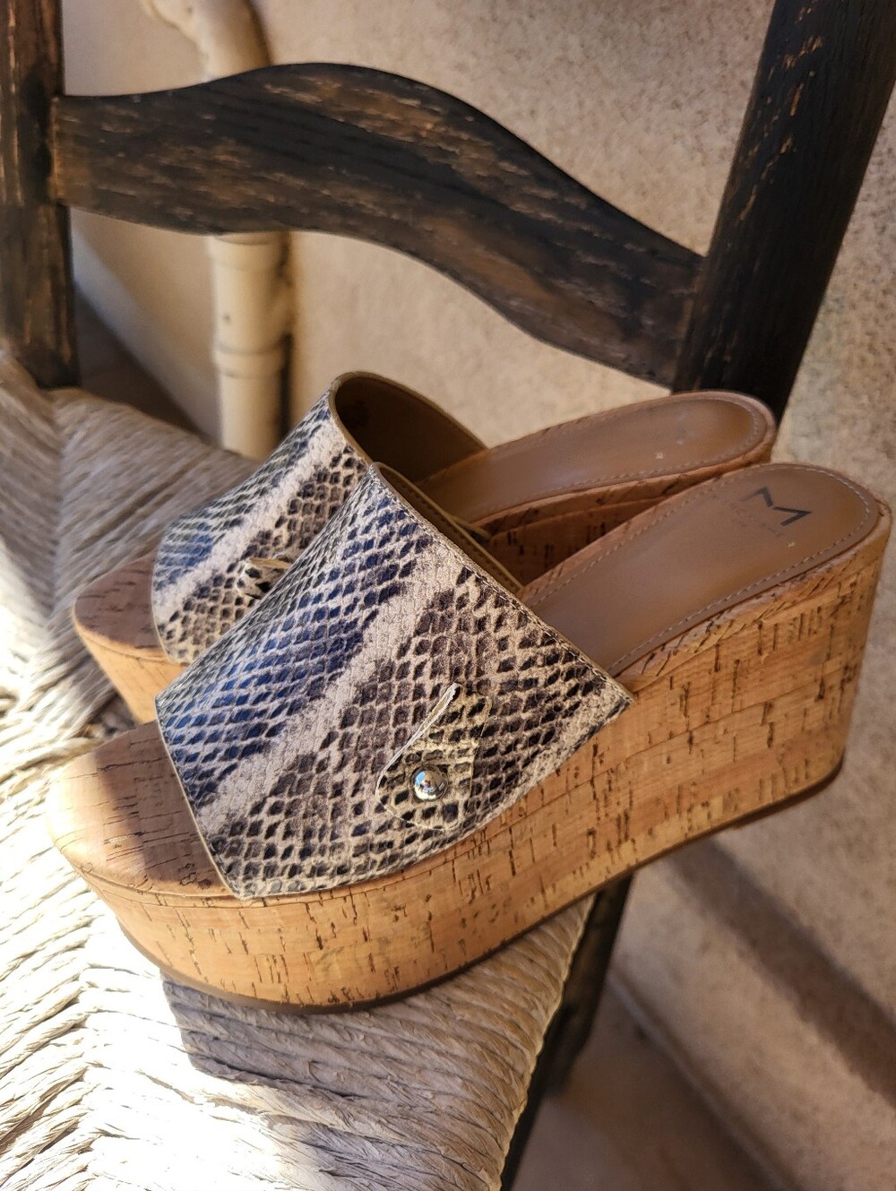 Marc Fisher Snake-Print Cork Wedge Slides - Neutral Brown Size 6.5
